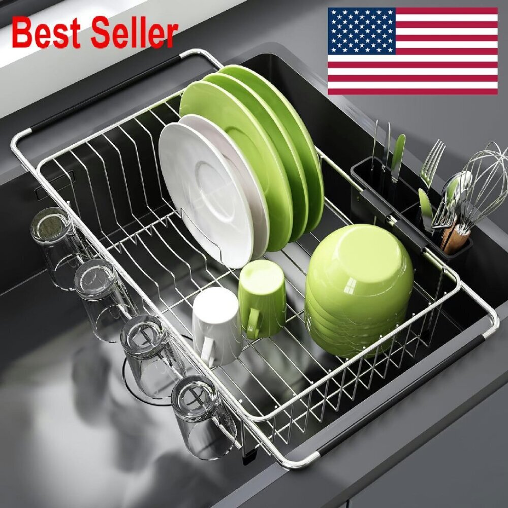 Expandable Stainless Steel Dish Drying Rack Minimal Space Saving Kitchen